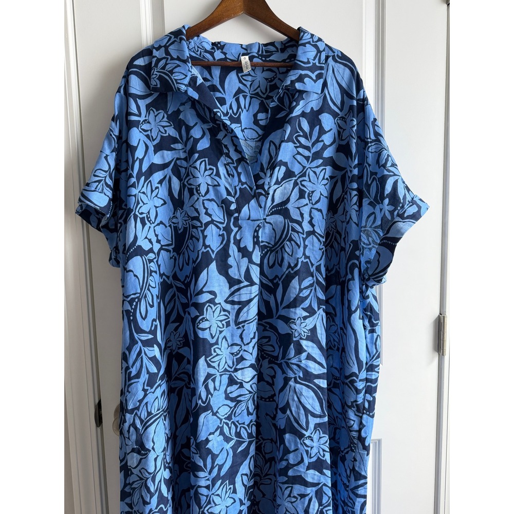 Belle Asle Blue Floral Organic Linen Midi Caftan Dress Short Sleeve Pocket - Picture 3 of 16